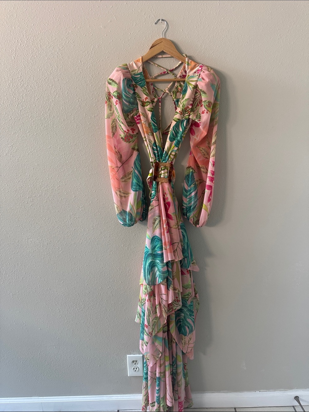 PatBO Pink Maxi with Teal Tropical Leaf Print and Knot Front